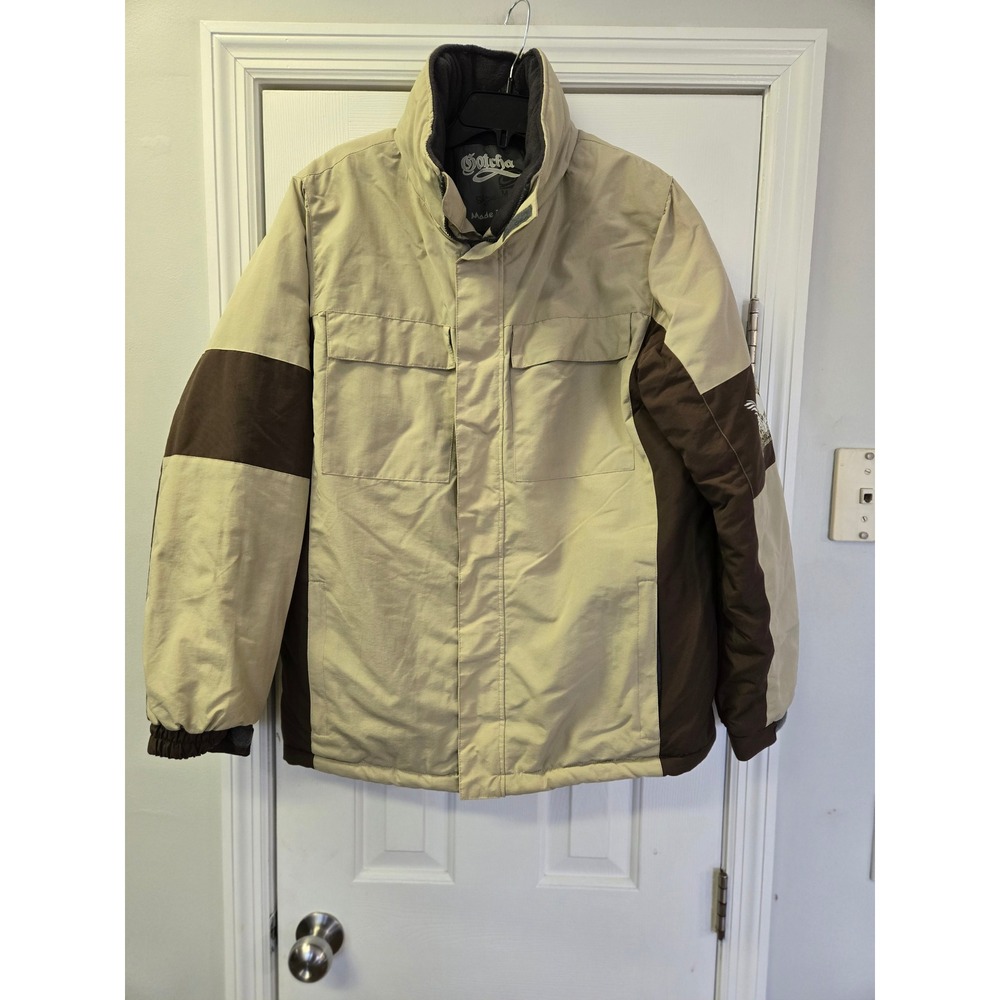 Mens Tan Brown Colorblock Winter Jacket Winged Skull Graphic Grunge Medium